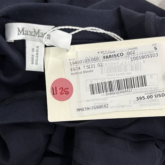 NWT MaxMara Size 4 S Navy Blue Ruffle Front Silk Chiffon Blouse Top Italy $395 - Picture 2 of 6